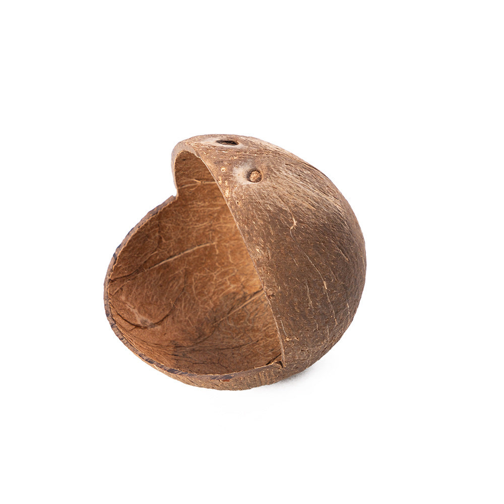 Natural coconut shell pet nest with a hanging cord and a dark inner hollow