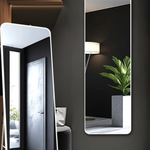 Framed rectangular wall mirror with rounded corners reflecting a plant and living room