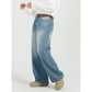 Blue straight leg jeans, side profile showing the straight leg line