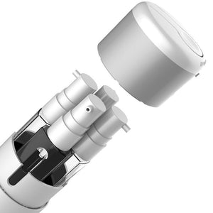 Travel bottle case twisted open showing four nested pump bottles inside
