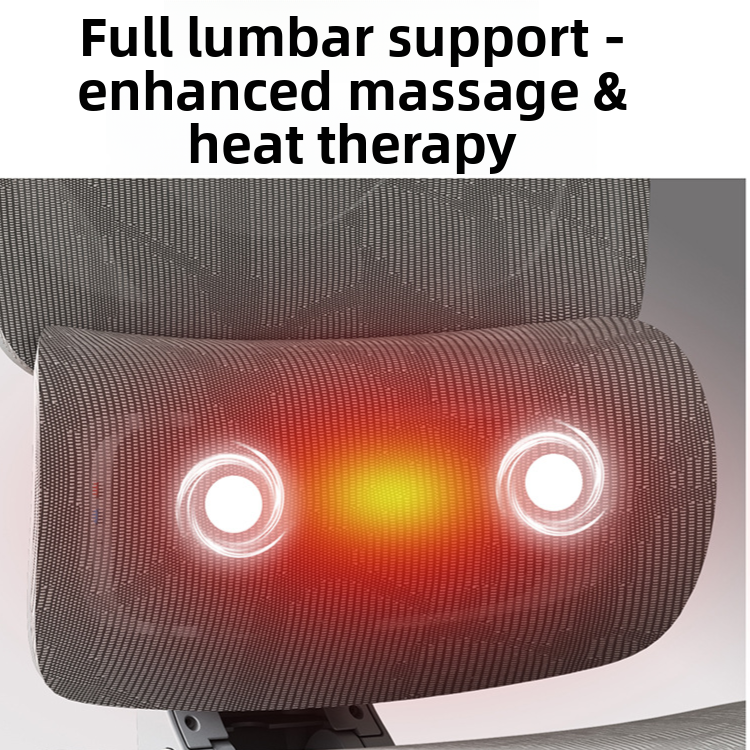 Callout panel for the chair, showing the 4D headrest, the gas lift cylinder and the mesh footrest