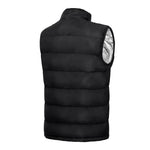 Black quilted stand collar vest seen from the back with a silver tone lining at the armhole