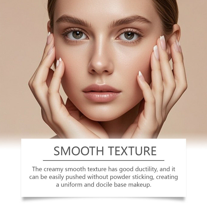 Woman touching her cheeks beside the words Smooth Texture and a text on the creamy texture of the stick