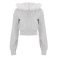 Flat lay of the light gray cropped hooded zip jacket with a white plush fur trim and princess seams