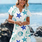 V-neck starfish and seahorse print A-line beach dress, front view of the white ground marine print