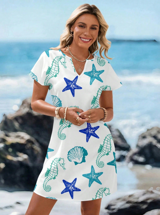 V-neck starfish and seahorse print A-line beach dress, front view of the white ground marine print