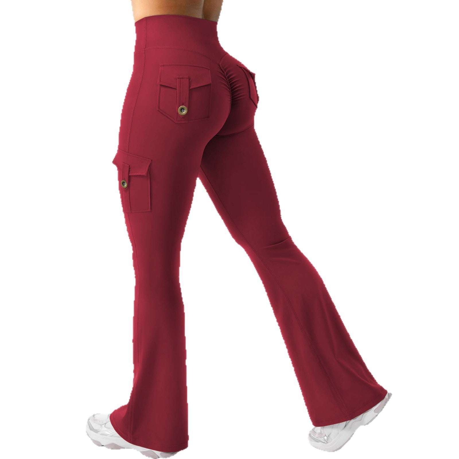 Side angle showing flared cut from the knee of yoga pants