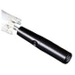Close up of the black umbrella handle with a push button and a white light lens at the tip on a white background