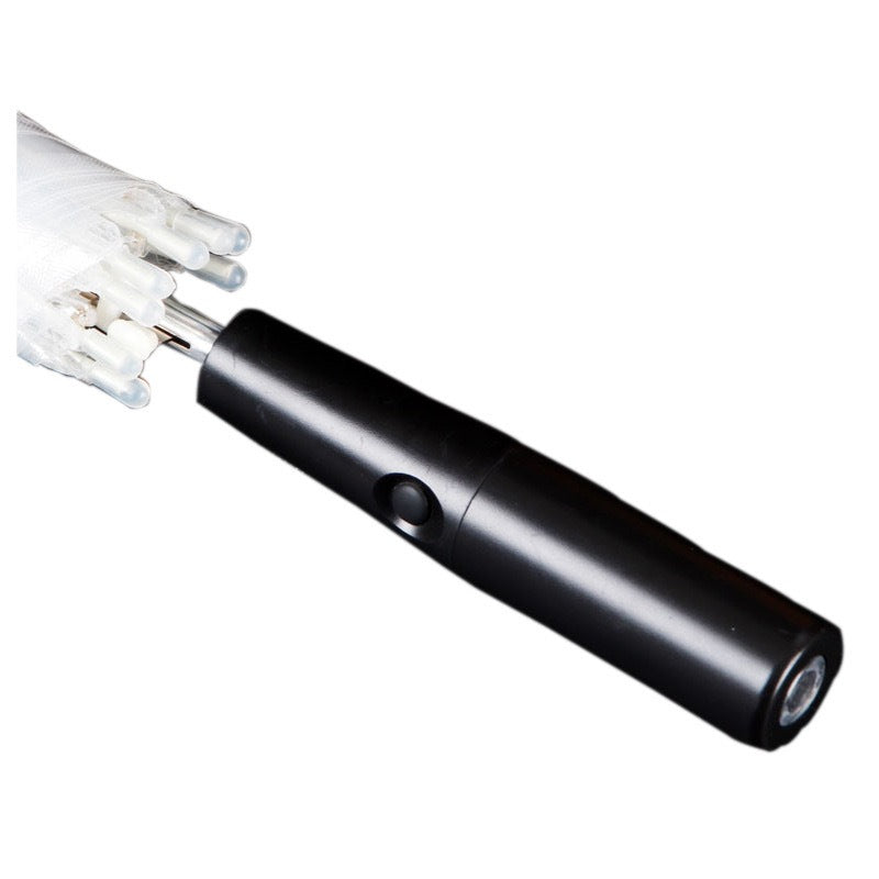 Close up of the black umbrella handle with a push button and a white light lens at the tip on a white background