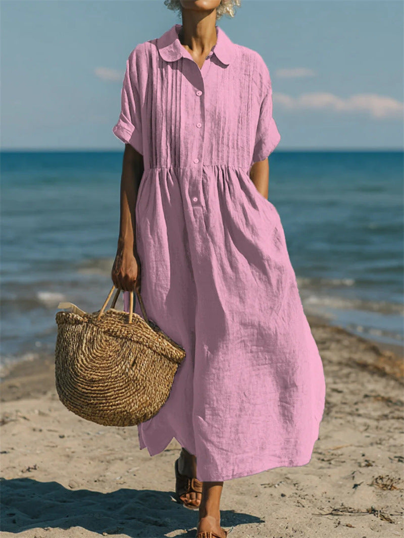 Vertical composition of the short-sleeve cotton linen dress