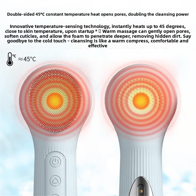 Facial cleansing brush shown in light blue, pink, purple and beige with soft silicone heads