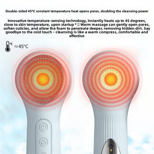 Facial cleansing brush shown in light blue, pink, purple and beige with soft silicone heads