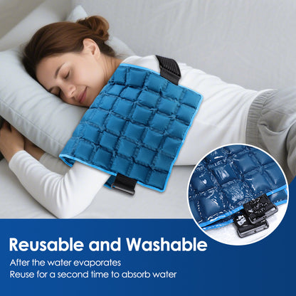 Blue quilted reusable hot and cold wrap held by an elastic strap on a woman lying on her side, with a close-up of the cells