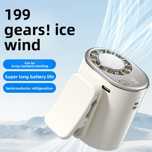 White portable clip fan side view showing USB-C port, digital display and folding clamp