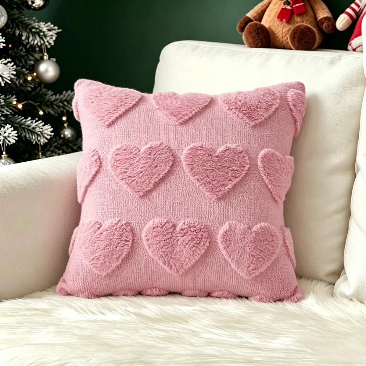 Plush carved cushion cover with a carved heart motif standing out of the soft plush pile, view 14