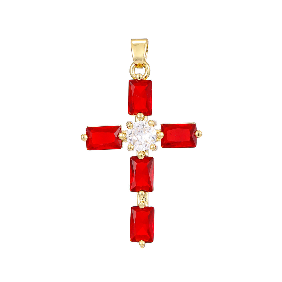 Cross pendant set with blue cubic zirconia stones on a slim plated chain