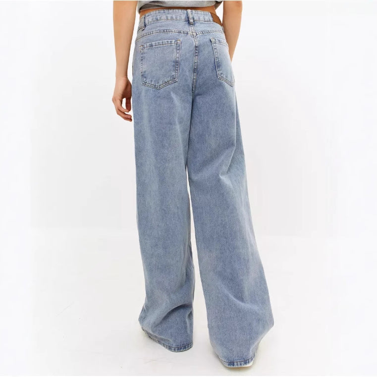 Back view of light wash wide leg jeans with patch pockets