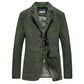 Army green single-breasted men's blazer jacket with notch lapel, three buttons and patch pockets, front view