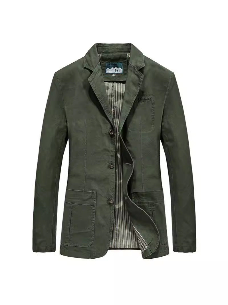 Army green single-breasted men's blazer jacket with notch lapel, three buttons and patch pockets, front view