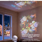 White rotating projector lamp casting snowmen, reindeer and snowflakes on a living room wall and ceiling