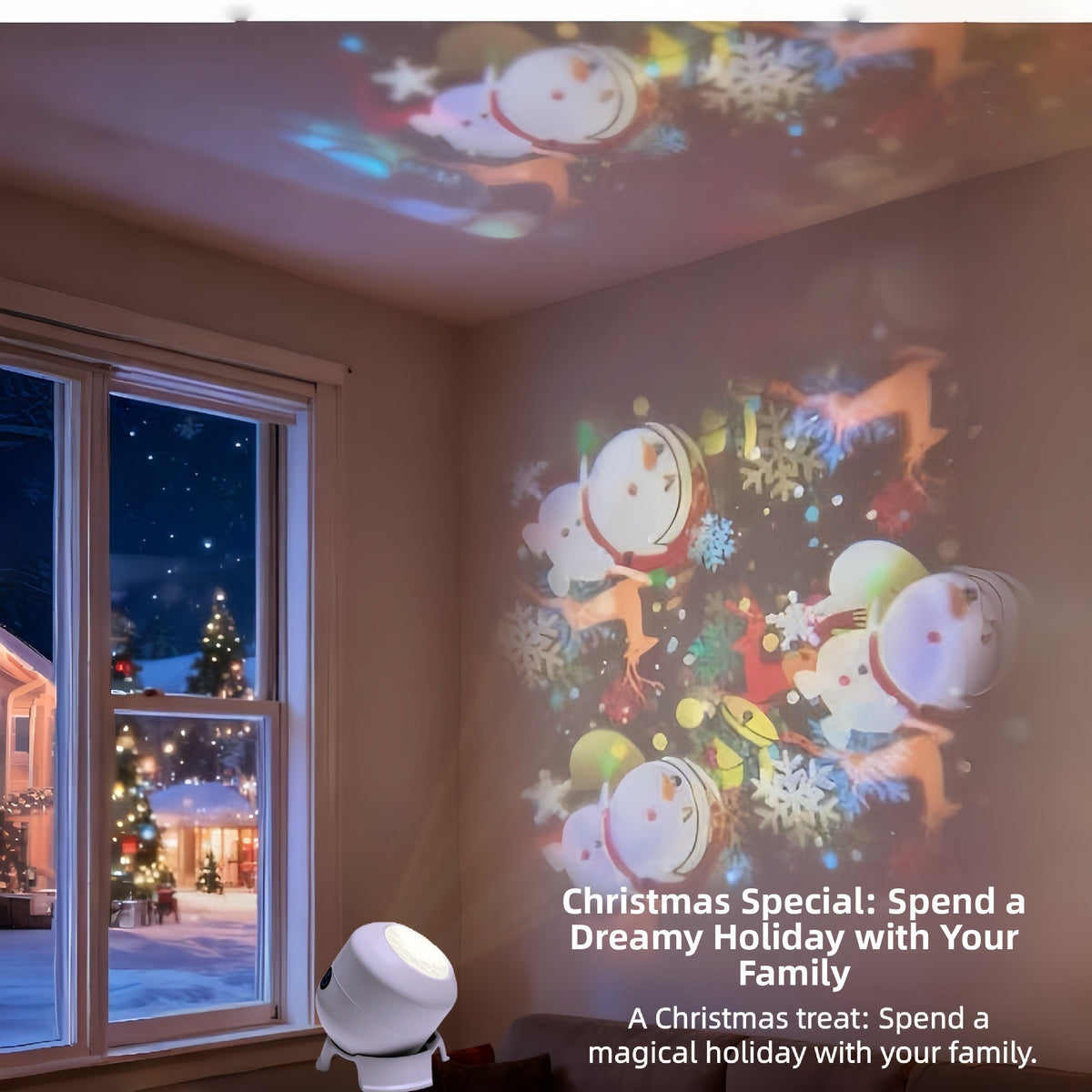 White rotating projector lamp casting snowmen, reindeer and snowflakes on a living room wall and ceiling