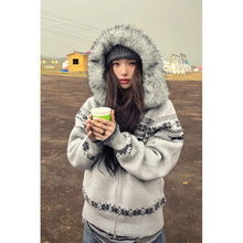 Women's Fair Isle Zip Front Knit Cardigan with Faux Fur Hood