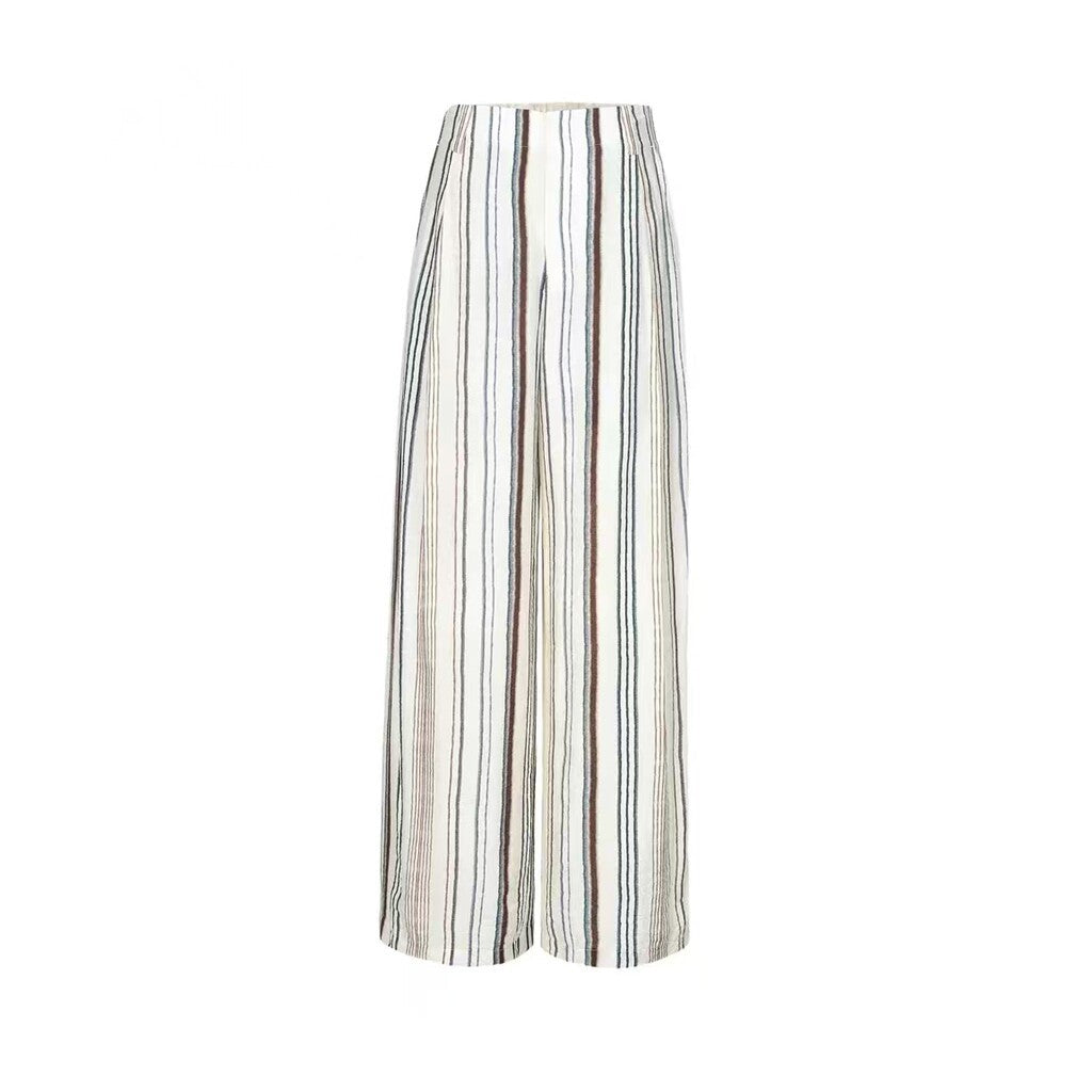 Cream striped high waist wide leg pants full length front view