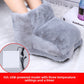 Gray plush foot warmer boot with feet inside, a heating pad inset and a three temperature setting and timer caption
