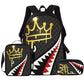 Dark checker school backpack with a gold crown and a red and white shark stripe, with matching lunch bag and pencil case