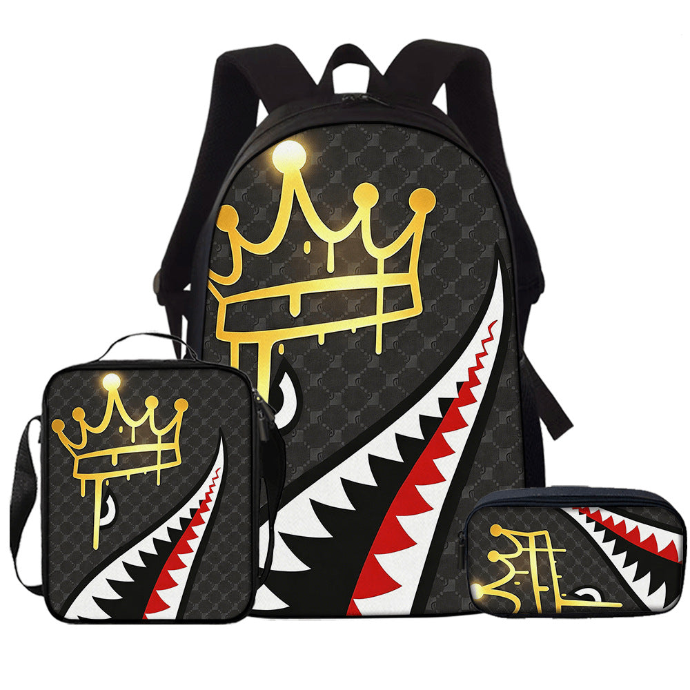 Dark checker school backpack with a gold crown and a red and white shark stripe, with matching lunch bag and pencil case