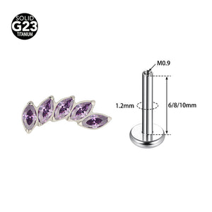 G23 titanium piercing stud with a curved row of marquise cubic zirconia stones
