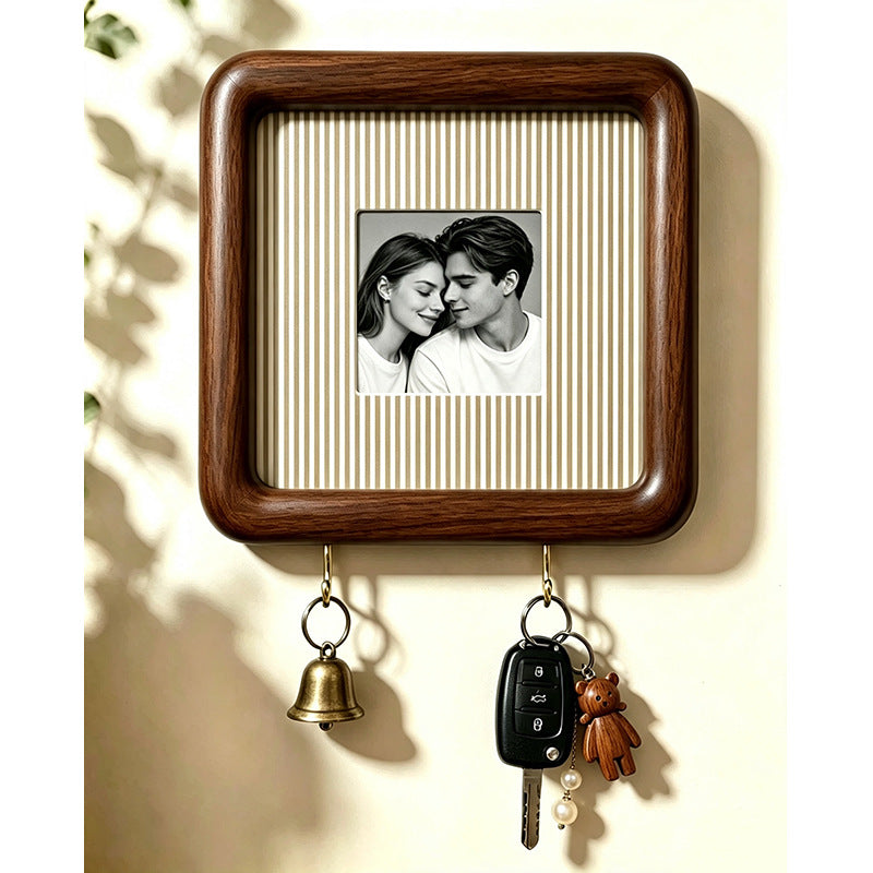 Option 15x15 Hook Style 6: dark wood wall photo frame with fine beige striped backing and two key hooks