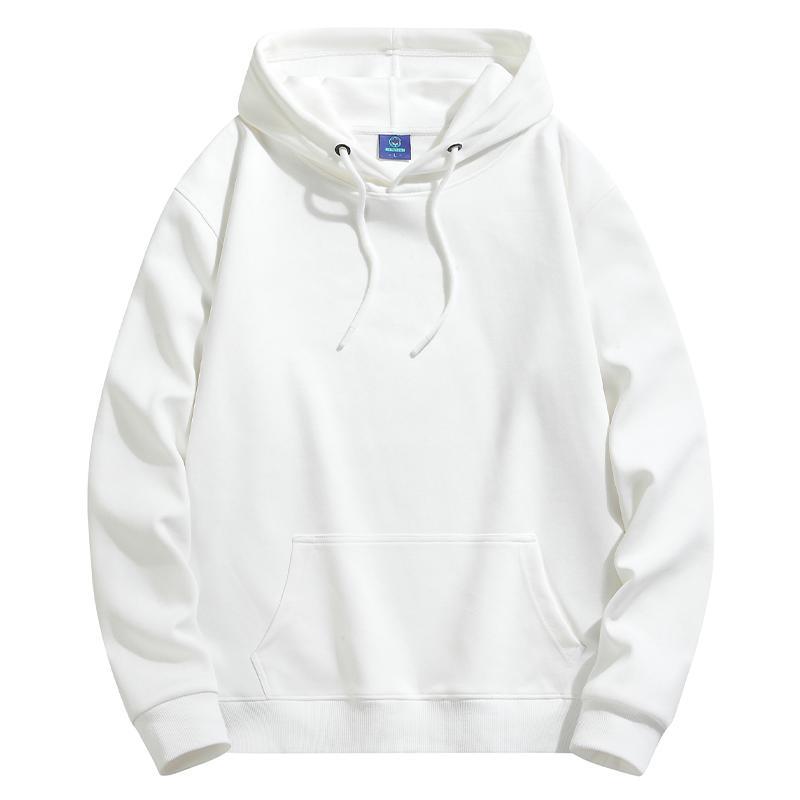 White heavyweight pullover hoodie with drawstring hood and kangaroo pocket, front view, size XXL option