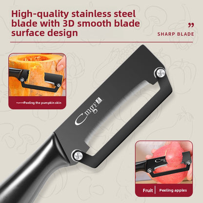 Horizontal stainless steel vegetable peeler with a looped hand guard frame