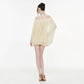Khaki off shoulder ruched mini dress laid flat to show the bubble skirt