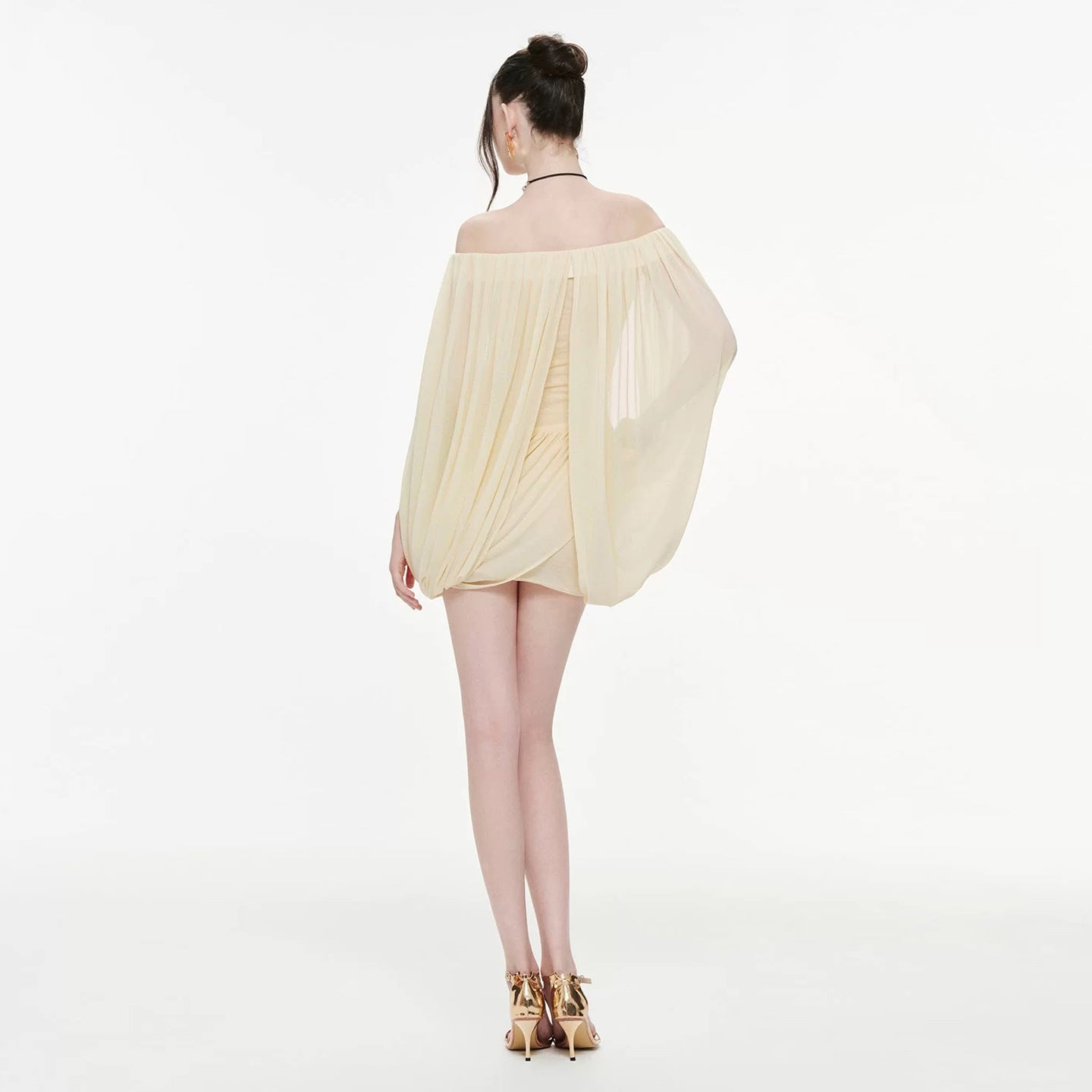 Khaki off shoulder ruched mini dress laid flat to show the bubble skirt