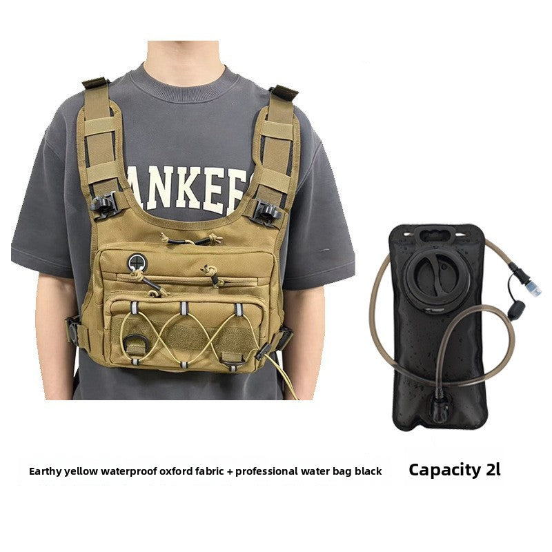 Overview of the tactical hydration chest pack showing harness, pockets and tube