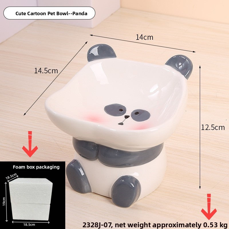Panda ceramic raised pet bowl with grey ears and paws, 14 by 14.5 cm and 12.5 cm high