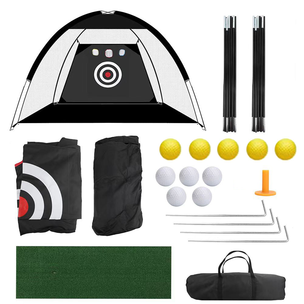 Golf practice net laid out flat showing the rods and folded mesh panel