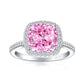Square cushion pink simulated diamond stone held by four prongs inside a clear stone halo, rhodium finish