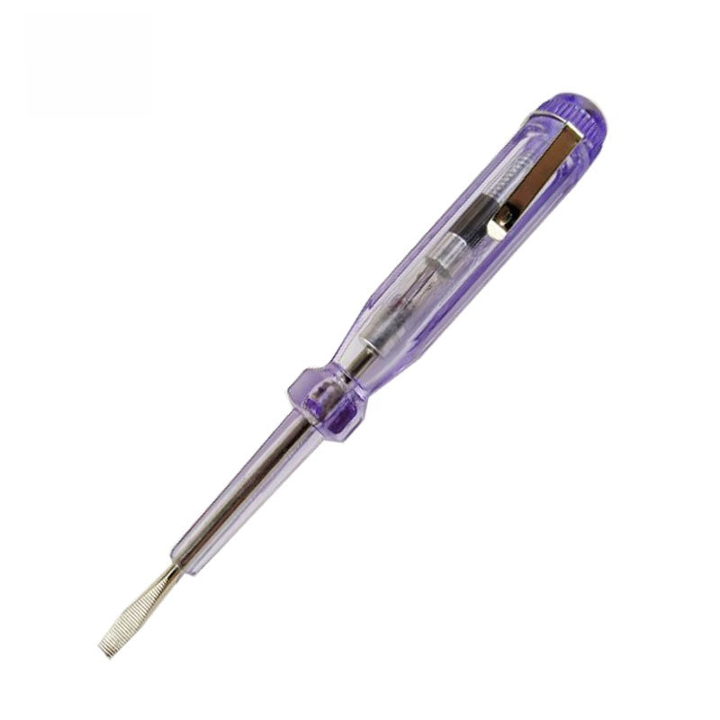Voltage tester pen flat blade metal tip detail on the transparent electrician test pen