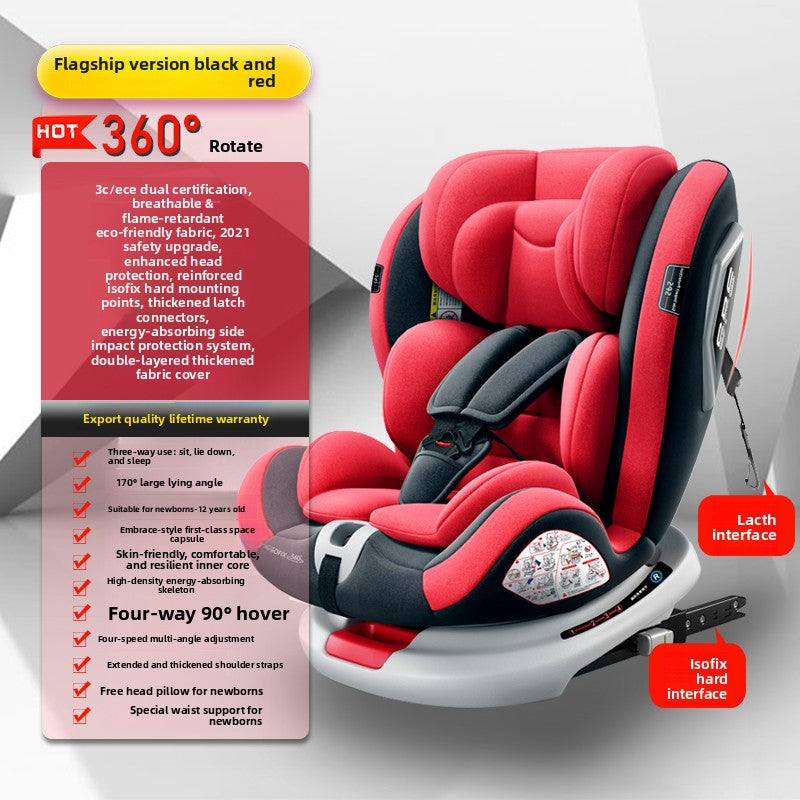 Child car seat shown in a modern interior beside the door