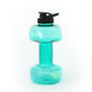 Fillable dumbbell water bottle lying on its side on a plain light background