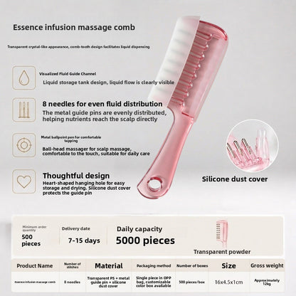 Pink crystal look massage comb infographic showing the eight metal pins and heart shaped hanging hole