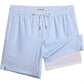 Navy and blue striped men's swim trunks with white waist drawstring