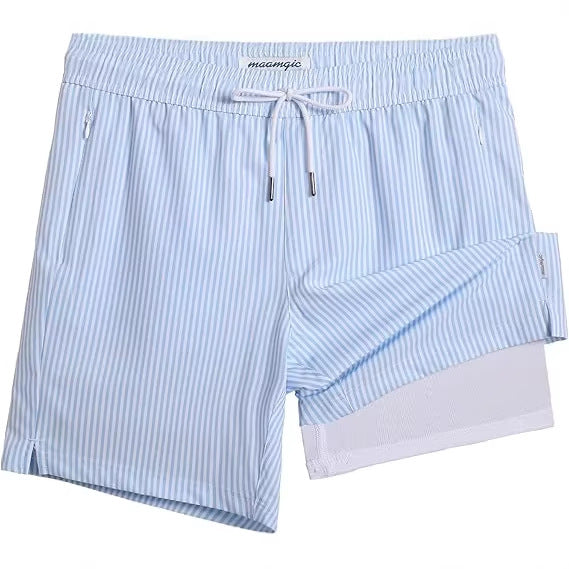 Navy and blue striped men's swim trunks with white waist drawstring