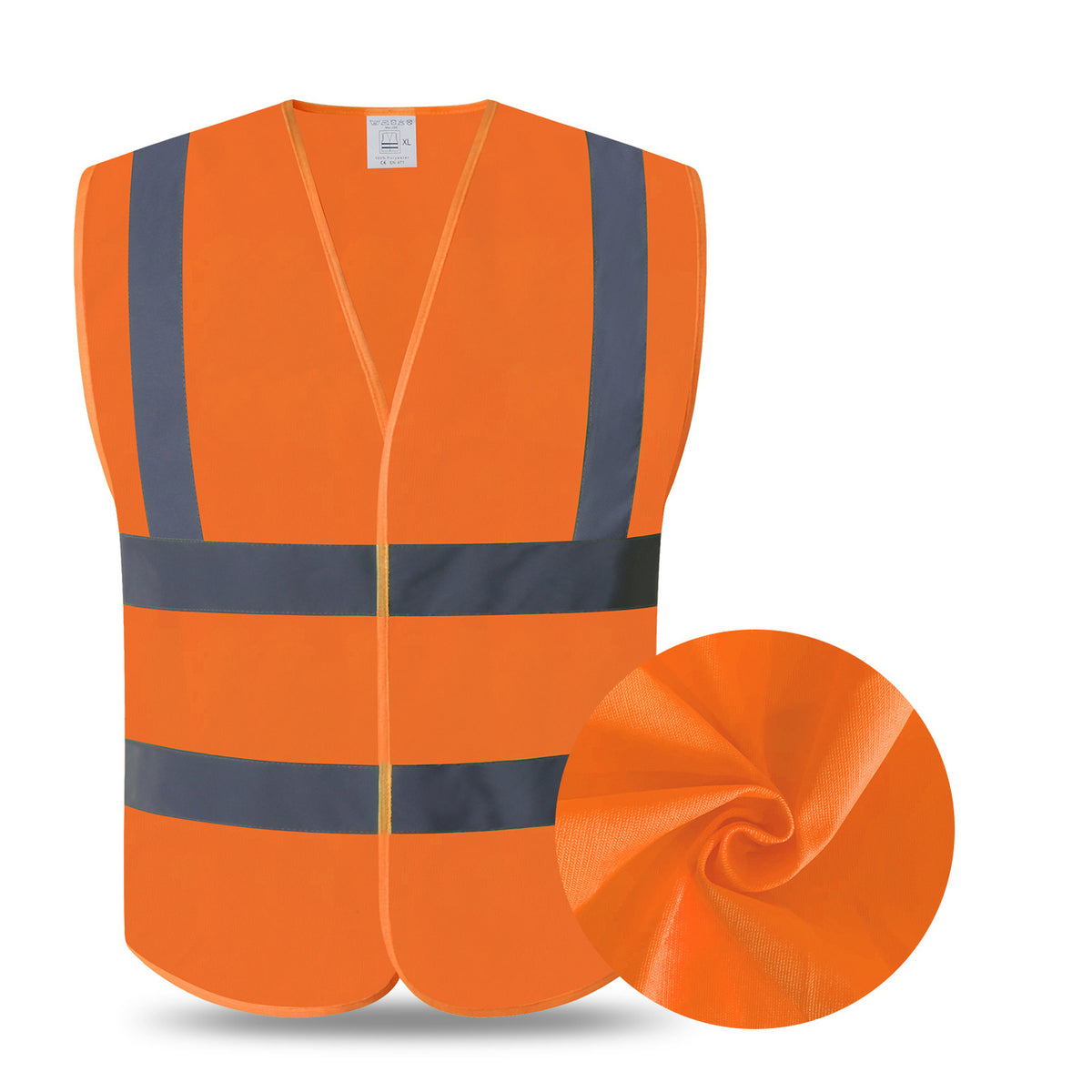 Orange mesh work vest with two horizontal reflective bands, shoulder strips and no pockets