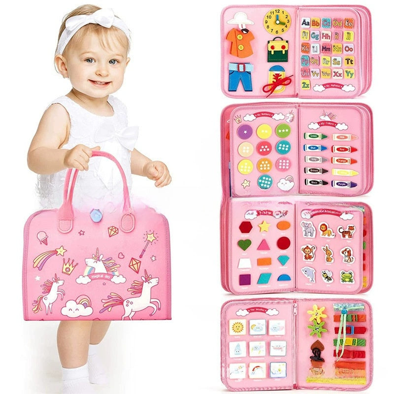 Soft felt board with a button, buckle, zip and lace to practise