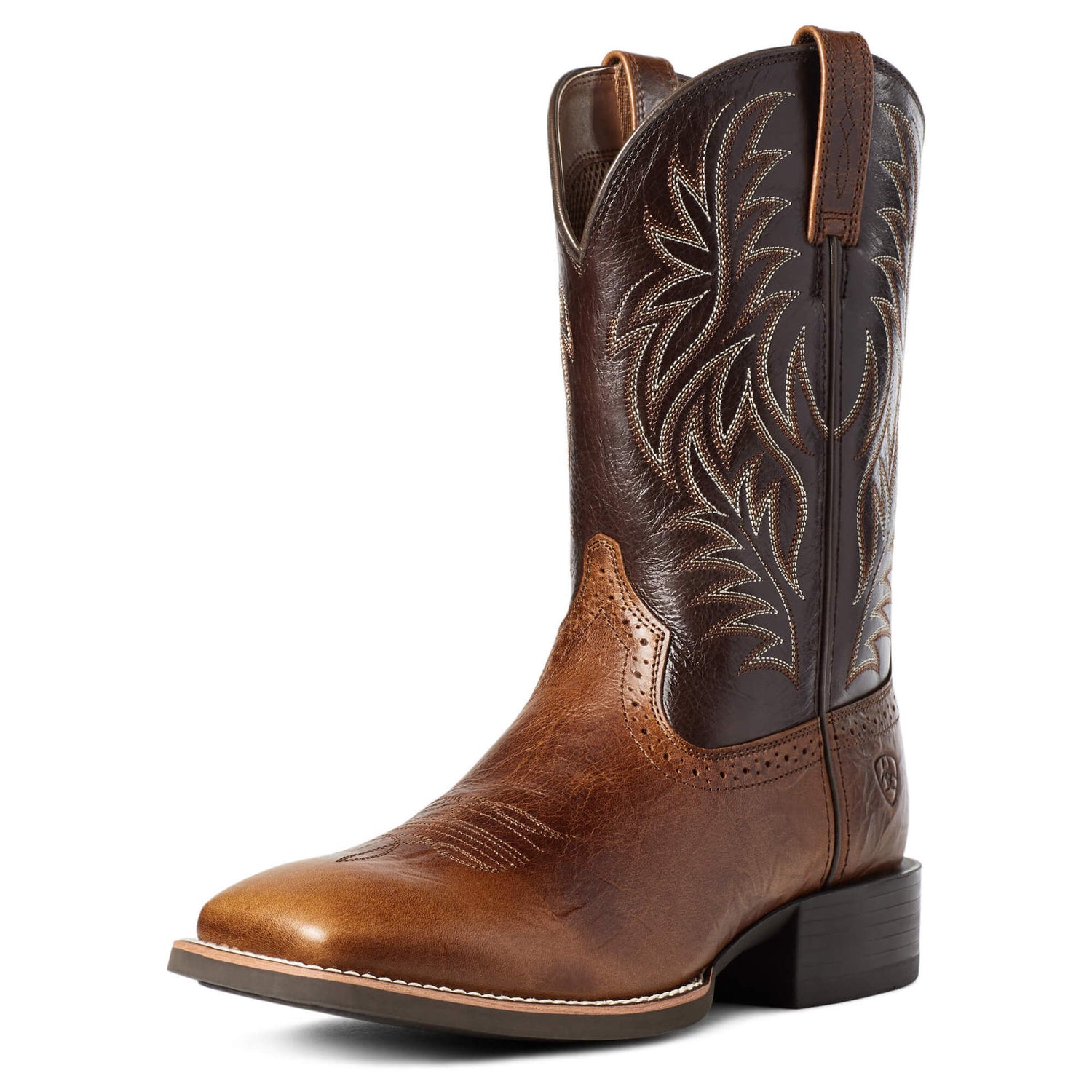 Brown square toe western boot studio view with embroidered shaft and low block heel