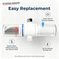 Graphic titled Easy Replacement showing a shower filter with arrows for twisting a cartridge out, head left on